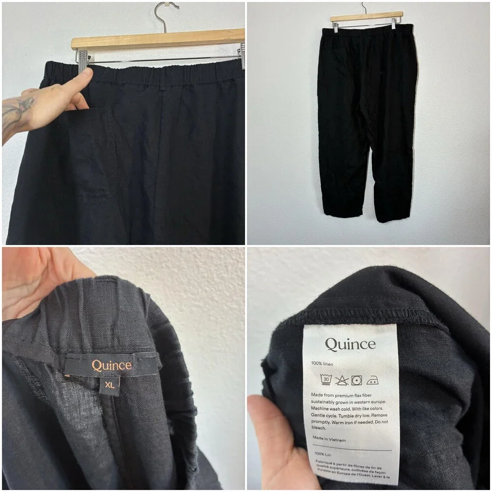 Quince Linen Pants Womens XL Black Wide Leg Elastic Waist Relaxed Pull On Casual